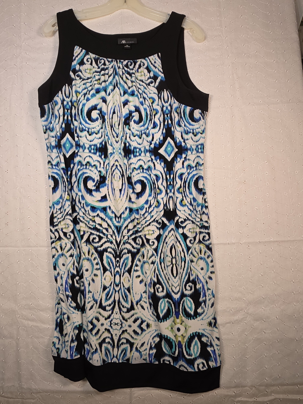 AB Studio Black-Trim Blue, White & Aqua Printed Shift Dress